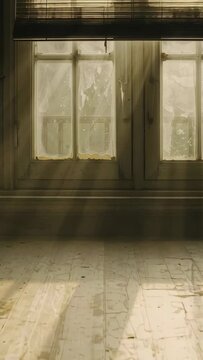 Vertical video: Sun moving across tall pane window in empty studio, showing blind, pull cord, dust