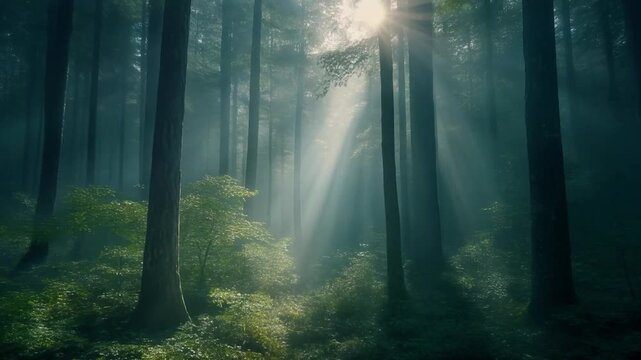 Beautiful magical sunrise in the forest. The sun's rays break through the trees in the fog. The mystical nature of the rainforest.