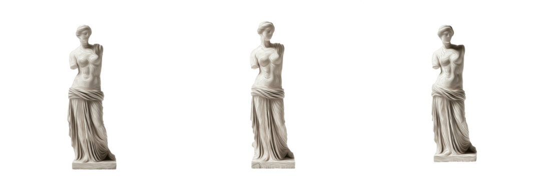 Set of Venus de Milo marble statues on white background, 3D render of ancient Greek goddess sculptures for art, history, and museum concepts.