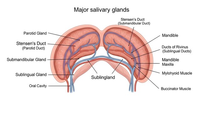 Detailed anterior illustration of the major salivary glands showing paired parotid, submandibular and sublingual glands with Stensen&rsquo;s duct, Wharton&rsquo;s duct and ducts of Rivinus opening into the oral c
