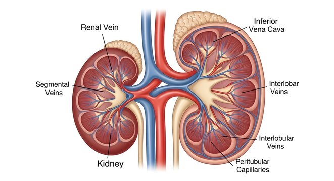 Color anatomical illustration of paired kidneys in cross‑section showing renal veins, segmental veins, interlobar and interlobular veins plus peritubular capillaries converging toward the inferior ven