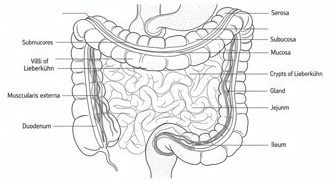 Black and white diagram of the small intestine within abdominal cavity showing duodenum, jejunum, ileum, plicae circulares, mucosa, submucosa, muscularis externa, serosa and crypts of Lieberk&uuml;hn for g