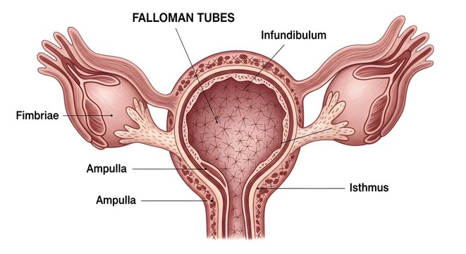 Detailed frontal anatomical illustration of female fallopian tubes showing infundibulum with fimbriae, ampulla and isthmus attached to the uterine fundus, highlighting the pathway for oocyte capture, 