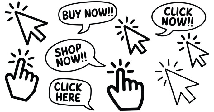 Hand drawn mouse cursors and speech bubbles, call to action phrases for web elements, doodle pointer icons, click button symbols