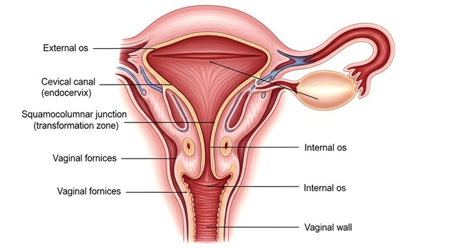 Color frontal illustration of the female cervix and upper vagina showing external and internal os, cervical canal, squamocolumnar junction, transformation zone, vaginal fornices, uterine cavity and ov