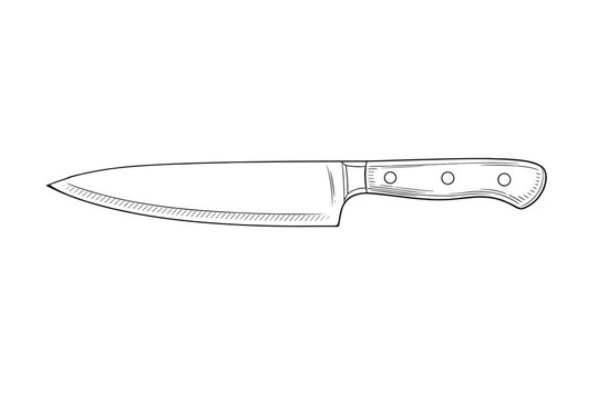 Minimalist black and white line drawing of a kitchen chef knife with long blade and riveted handle, isolated on a clean white background