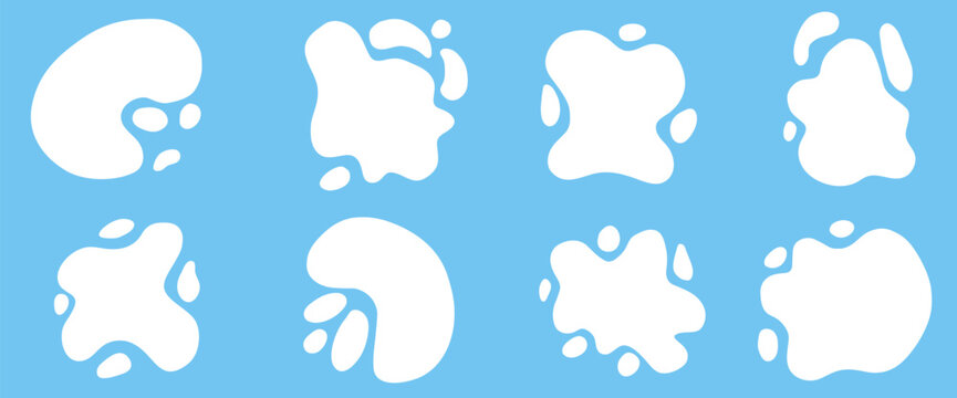 White irregular promo spots. Milk or water splash, blob puddle. Abstract paint stain blot liquid shape. Text boxes in organic and fluid graphic forms. Vector illustration of abstract amoeba figures.