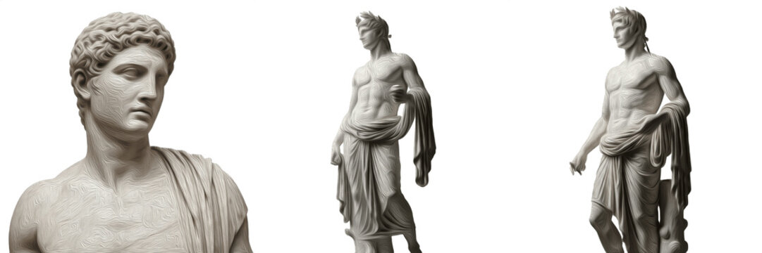 Collage of ancient Greek marble statues featuring a close-up portrait and full body athletic male figures isolated on white