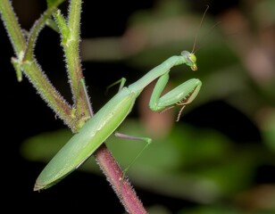 Green praying mantis resting on a green leaf in a natural macro scene