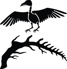 Obraz premium Abstract Flat Solid Black Clean Uncommon Silhouette Vector Illustration Featuring a Bird Skeleton and Branch on Transparent Background
