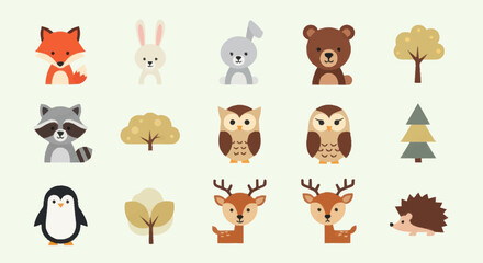 Fototapeta premium Collection of Cute Forest Animals and Trees Illustrations.