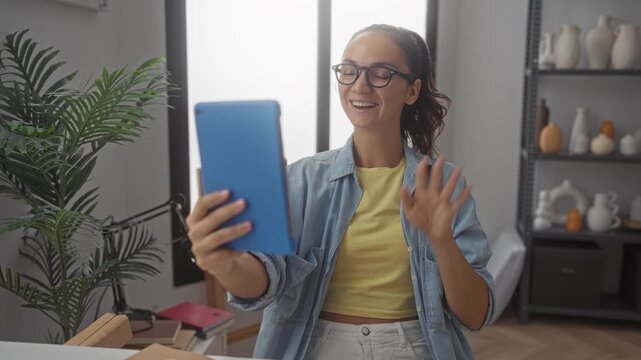 Woman holding blue tablet and waving hand in studio during a casual video call with shelf props and plant visible; virtual engagement.