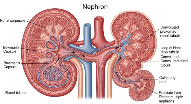 Detailed anatomical illustration of the kidney showing cortex and medulla with enlarged nephron, including Bowman&rsquo;s capsule, glomerulus, proximal and distal convoluted tubules, loop of Henle and colle