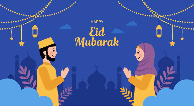 The couple was exchanging apologies on Eid al-Fitr, vector illustration
