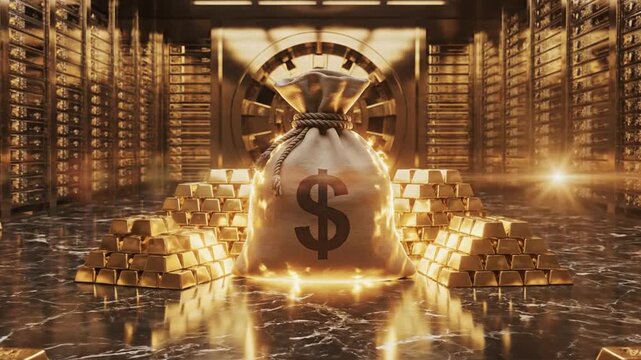 A video showcases a money bag surrounded by gold coins in a vault.