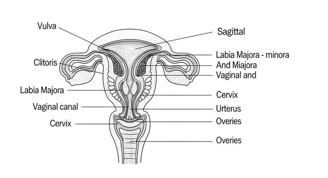 Black and white frontal anatomical illustration of the female reproductive system showing vulva, clitoris, labia majora and minora, vaginal canal, cervix, uterus and ovaries with labeled sagittal refe