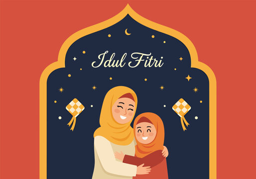 The daughter and mother was exchanging apologies on Eid al-Fitr, vector illustration