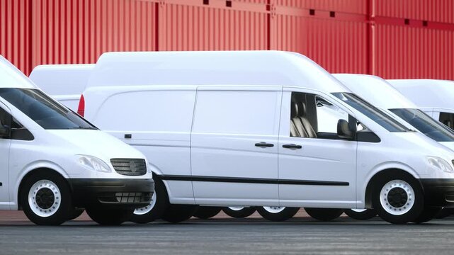 White Delivery Vans Parked in Row Against Red Shipping Containers Showcasing Fleet Ready for Logistics and Transportation Services, Creating Contrast Between Vehicles and Industrial Setting