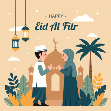 The couple was exchanging apologies on Eid al-Fitr, vector illustration