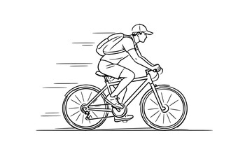 Obraz premium Minimal line art of a fast cyclist riding a road bicycle with backpack and cap, shown in side view with motion streaks on white background