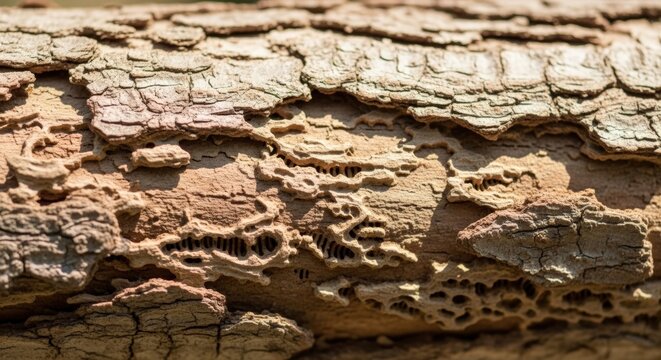 Rough bark surface of decayed log showing extensive termite damage holes, galleries and frass piles from active wood-eating infestation