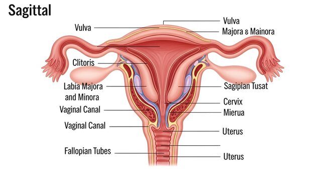 Anatomical illustration of female reproductive system showing vulva, clitoris, labia majora and minora, vaginal canal, cervix, uterus, endometrium and bilateral fallopian tubes with ovaries and suspen