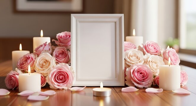 Memorial photo frame surrounded by roses and lit candles placed on wooden table creating peaceful remembrance atmosphere.