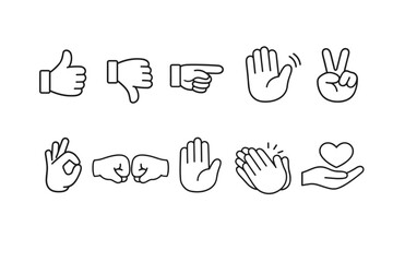Obraz premium Set of simple outlined hand gesture icons including thumbs up, thumbs down, pointing finger, waving hand, victory sign, okay, fist bump, clapping, and heart
