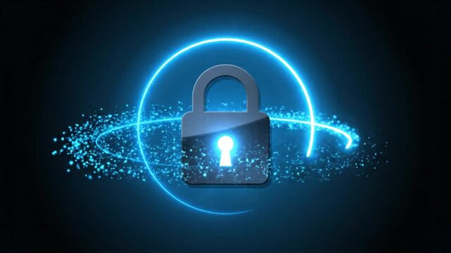 Glowing blue padlock with an open shackle surrounded by a neon circle and particles on a dark background, conveying a sense of security and technology.