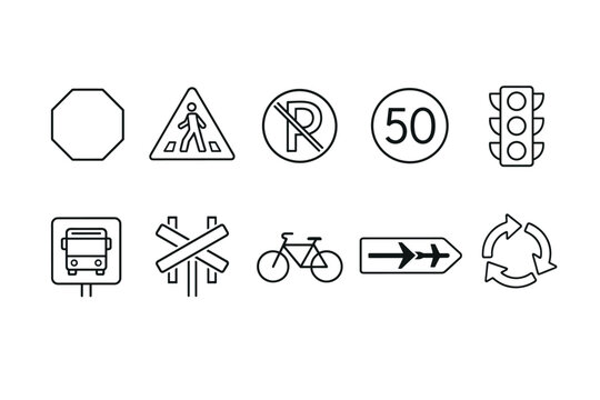Minimal black outline transportation and traffic symbols set featuring stop, pedestrian crossing, no parking, speed limit, traffic light, bus, rail crossing, bicycle, lanes, roundabout