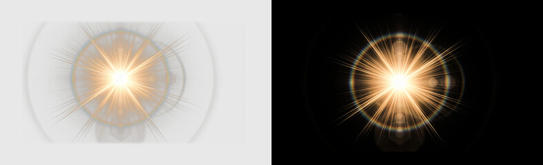 Radiant golden lens flare light burst with glowing sunburst halo and sparkling warm rays, bright starburst flash effect isolated on transparent PNG background as graphic overlay © Pixora