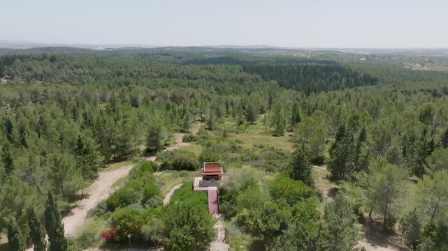 Aerial view of the Thai Pagoda in Ben Shemen Forest, Israel, surrounded by lush green pine and cypress trees