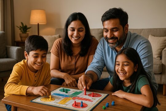 Family enjoying board game together.