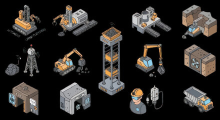 Isometric Industrial Construction and Mining Equipment Collection. © Anak