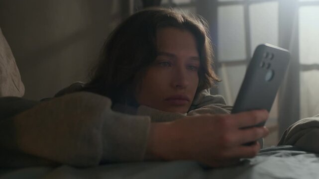 Stab close up shot of bored gen Z girl doomscrolling on smartphone while lying in bed in dimly lit bedroom
