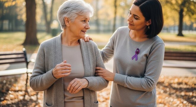 supportive woman helps senior in park