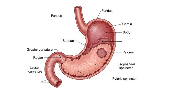 Color anatomical illustration of the human stomach showing fundus, cardia, body, pylorus, rugae, greater and lesser curvatures, esophageal and pyloric sphincters, demonstrating major regions of the up