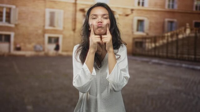 Woman pressing her cheeks with index fingers and puckering lips on a street, wearing a loose white shirt in a sunlit stone plaza; playful expression.