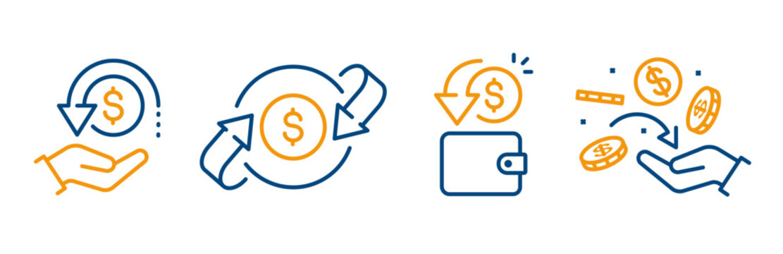 cashback icon set, outline icons of money refund, cash back, financial gift, wallet with dollar coin, editable web symbols