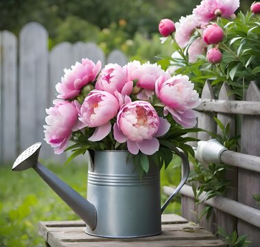 pink peons in watering can