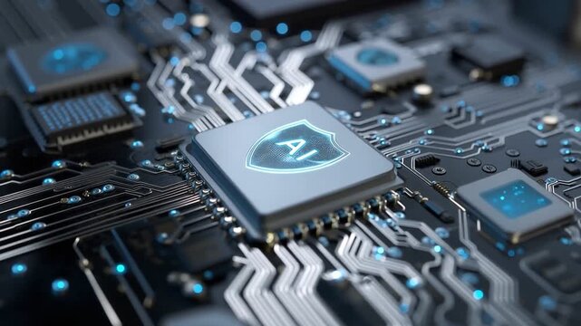 Close-up view of an advanced AI microchip set against a dark circuit board background, showcasing intricate circuitry and a protective shield, symbolizing innovation and security i