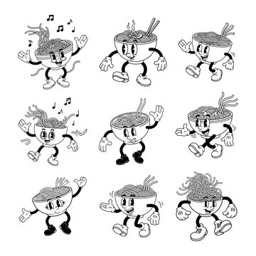 Animated noodle bowl characters in various playful poses and activities