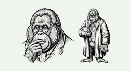 Vintage Orangutan Gentleman Illustration with Book and Coffee.