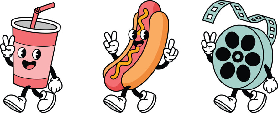 Set of cute cinema mascot characters with hot dog, soda, and movie film reel vector illustration