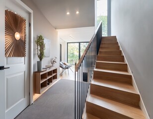 modern light filled hallway with wooden staircase