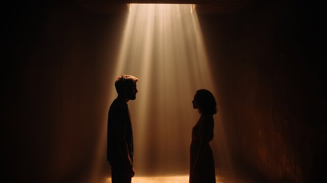 Silhouetted couple facing each other under a beam of light symbolizing couple divorce mediation, communication, negotiation and emotional separation.