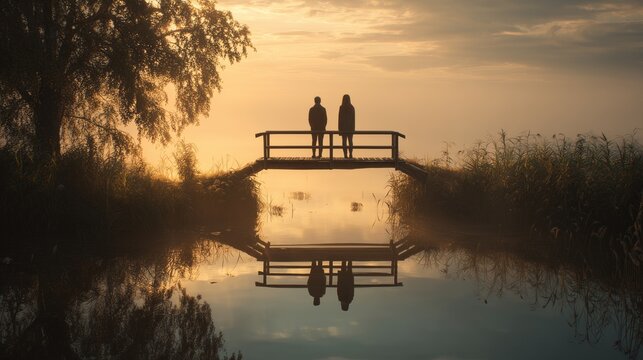 Couple standing on small bridge at sunset by calm water, reflecting connection, communication, reconciliation and emotional intimacy in couples therapy.
