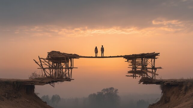 Two people standing on a fragile bridge between broken structures at sunset symbolizing couples therapy, reconciliation, trust building and communication.