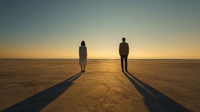 Silhouetted couple standing apart on a vast plain at sunset, symbolizing couple divorce mediation, separation, negotiation and emotional distance.