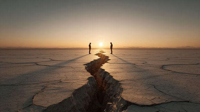 Two person standing on cracked desert ground separated by a wide fissure at sunset, symbolizing relationship distance and reconciliation in couples therapy.